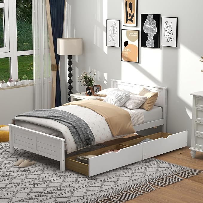 GOFLAME Twin Size Bed Frame with 2 Drawers, Platform Bed with Solid Wood Headboard & Footboard, Wood Slats Support Mattress Foundation, Under Bed Storage, No Box Spring Needed, Easy Assembly, White