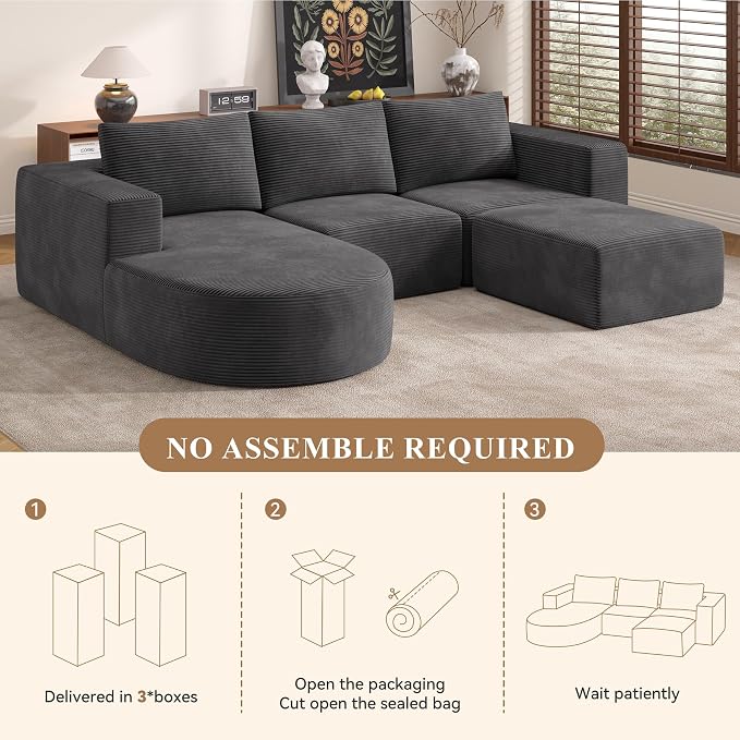 Boneless Couches for Living Room with Chaise,104" Modular Sectional Sofa with Convertible Ottoman,Cozy Cloud Couch with U-Shaped,Sponge Compression Sofas in a Box,No Assembly Required(Gray) 1pcs