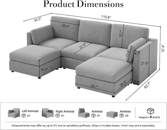 Oversized Modular Sectional Sofa U-Shaped Cloud Couches Gray | 116'' Deep Seat Couch for Living Room, 5-Seater Luxury Corner sofa with Ottoman, Solid Wood Frame, Removable Washable Cover