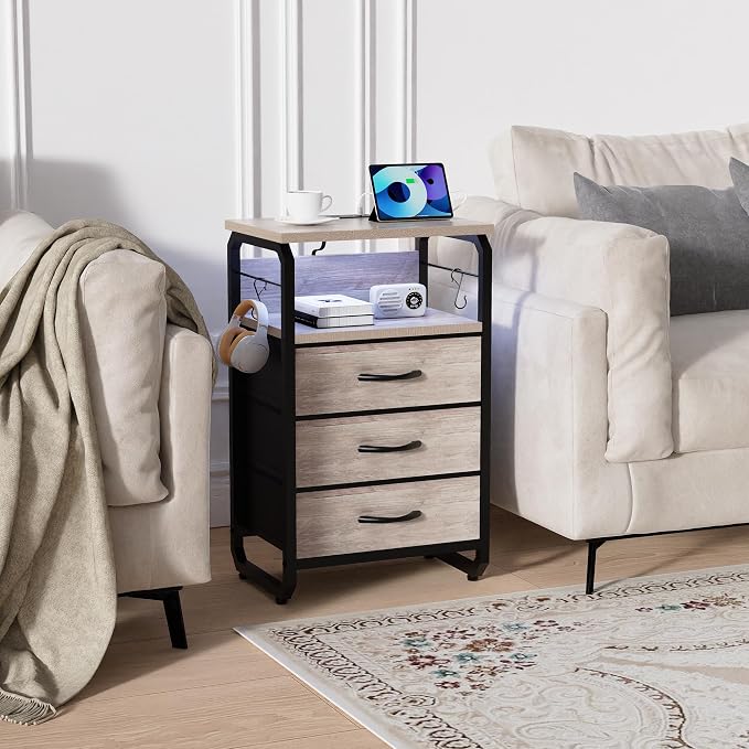 runjuly Night Stand Set 2 with LED Lights, Nightstands with Power Outlets and Type C Port, Large End Tables with 3 Fabric Drawers, Matching Bedside Table with Storage for Bedroom Teen Room, Greige