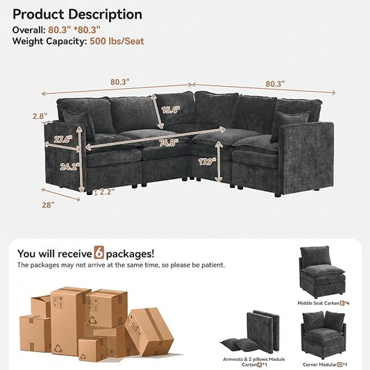 80" Dark Grey Modular Storage Sofa, V Shaped Chenille Cloud Couch | Oversized Convertible Sectional Sofa, 5-Seat Sectional Couch With Armrests, Large Cloud Couch For Living Room, Apartment.