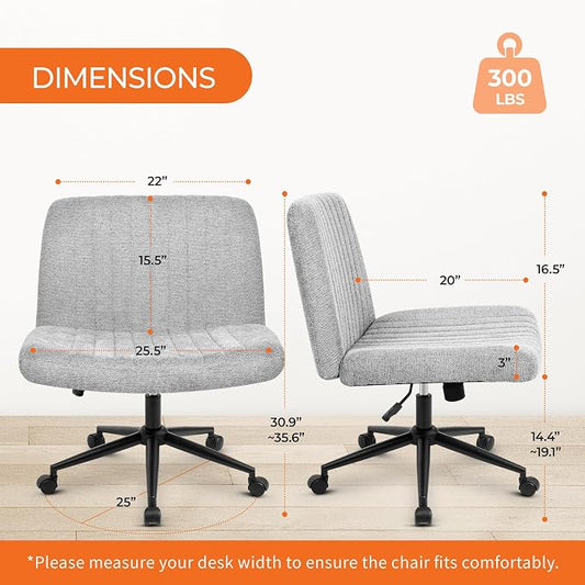 Orange Factory Criss Cross Chair Wheels Wide Cross Legged Office Desk Vanity Dual Base Comfy Fabric Armless Adjustable Swivel for Home Computer Task (Grey Dual Base, Fabric)