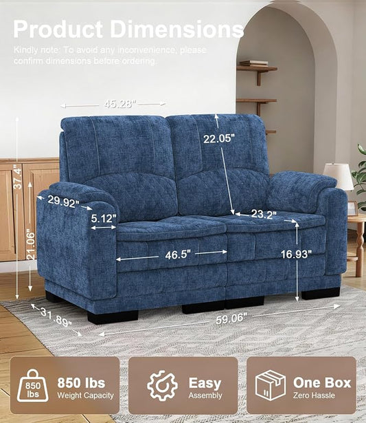 Yolsali Boneless Loveseat Sofa, High-Density Cloud-Like Double Cushion Floor Sofa Couch, Chenille Small Boneless Couch for Living Room, 850 lb Support, Raised Backrest, Ergonomic, Easy Assembly, Blue