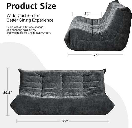 Hobestluk Giant Bean Bag Chair Faux Fur BeanBag Couch for Living Room | Darkgrey Chenille, 3-Seater,Ergonomic Design,Memory Foam,Anti-slip Bottom,No Assembly,Decorative Style for Living Room
