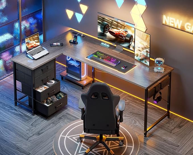 AODK L Shaped Gaming Desk with 4 Drawers, 61" Reversible Home Office Desks with Power Outlets, L Shaped Computer Desk with USB Charging Port and Host Stand, Corner Desk, Easy to Assemble, Grey