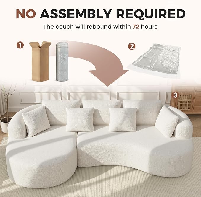 Luxanimarion 124" Curved Modular Sectional Sofa Oversized, L-Shape Boneless Couches for Living Room with Deep Seat and 7 Pillows, High-Density Memory Foam, Beige Chenille Fabric, No Assembly Required