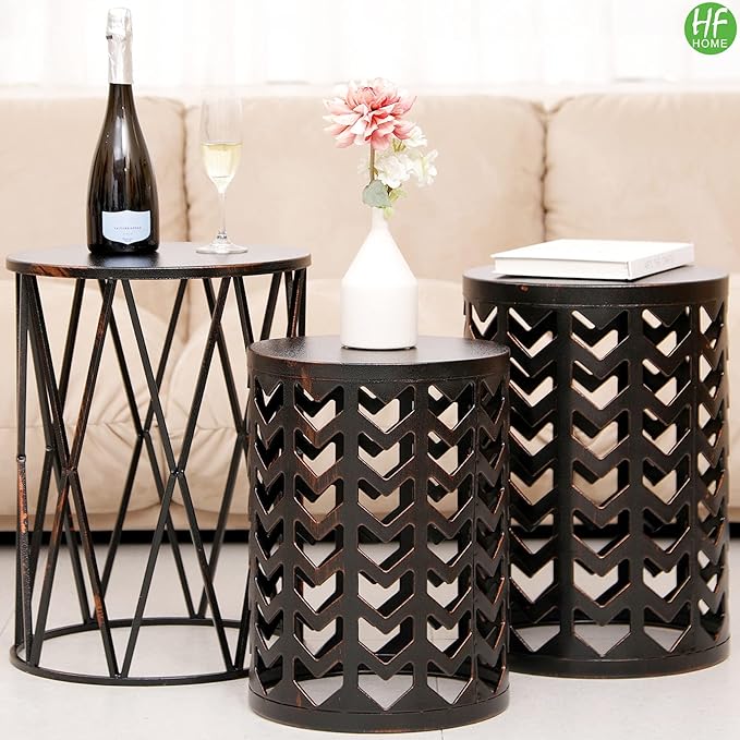 HFHOME Multifunctional Nesting Round Metal Coffee End Tables, Set of 3 Modern Nightstands Decor Side Tables Plant Stand for Home Office Indoor Garden Outdoor-Bronze