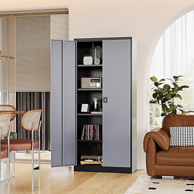 Fesbos Metal Storage Cabinet-72” Tall Steel File Cabinets with Lockable Doors and Adjustable Shelves-Black&Gray Steel Storage Cabinet for Kitchen, Office, Garage