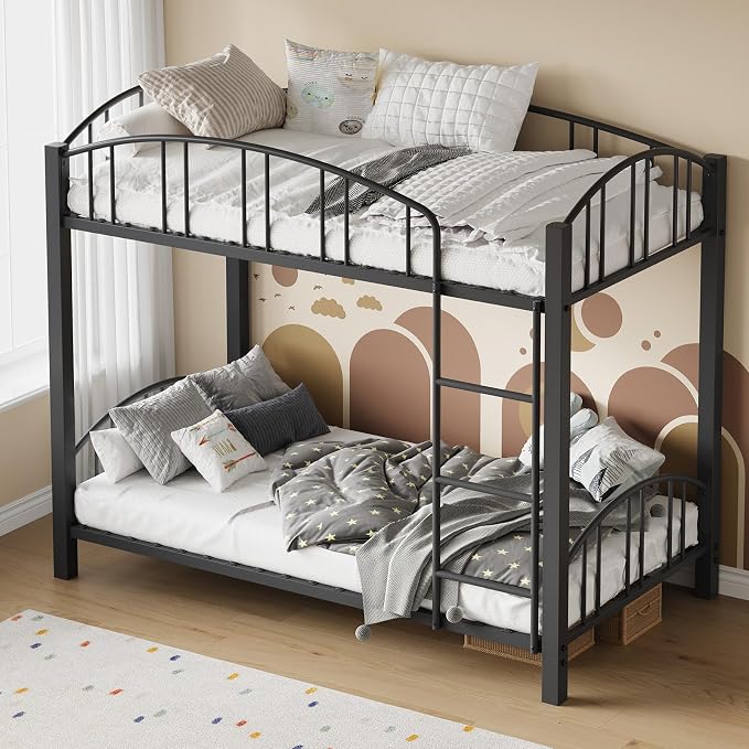 IDEALHOUSE Twin Over Twin Bunk Bed Frame, Twin Bunk Bed Frame with Heightened Arched Guardrail and Safety Ladder, Sturdy Steel Bed for School, Bedroom, Easy Assembly, Modern Black