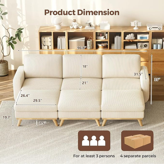 Vesgantti 97" Modular Sectional Sofa Beige, Sectional Couch with Movable Ottoman, Comfy Corduroy Couch with Spring Cushion, Modular Sofa with Deep Seat for Living Room, Bedroom and Apartment