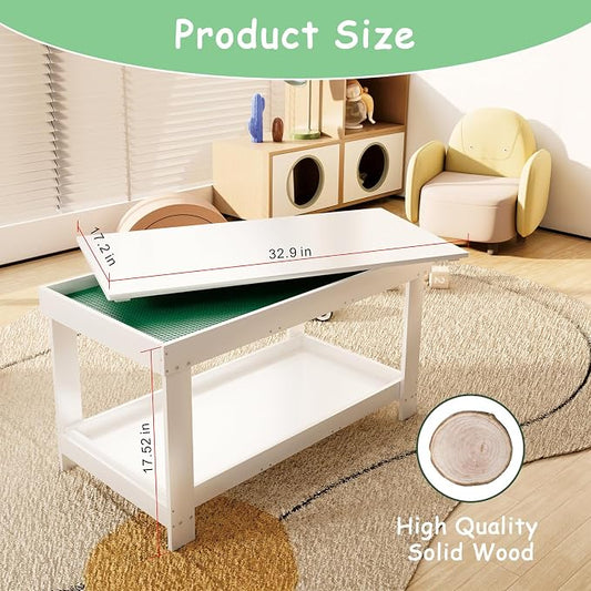 Kids Activity Table with Storage, 2 in 1 Solid Wood Building Blocks Table with Board for Boys Girls Gifts, Play Bricks, Train, Reading, Arts Draw