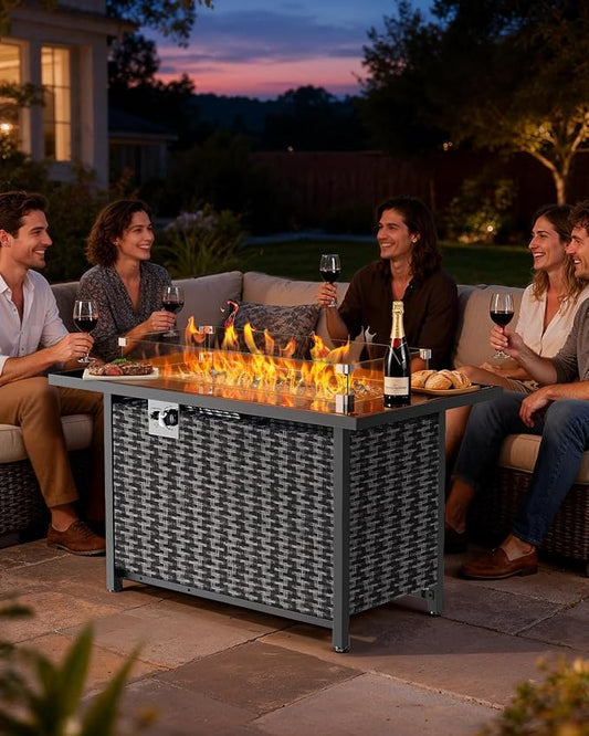Ciays 43″ Propane Fire Pit, CSA-Listed 60,000 BTU Outdoor Gas Fire Pit Table with Glass Wind Guard, Tempered Glass Top, Lid, Glass Rocks, Adjustable Legs, Fire Table for Patio, Garden & Party, Black