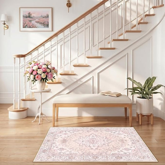 RELEANY Area Rugs Small 2'6"x4' Washable Non-Slip, Floral Vintage Distress Medallion Carpet for Kitchen Entryway Bathroom, Pink Greypink Cute