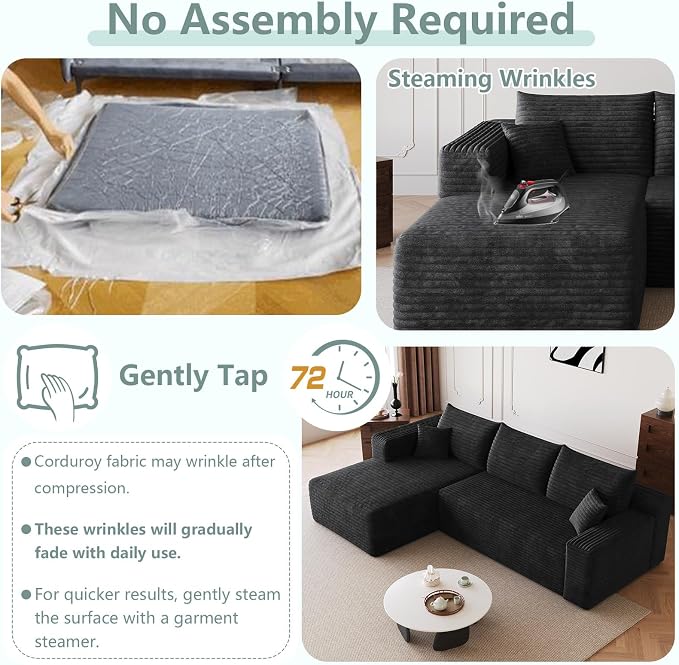95" Modular Sectional Sofa, Modern Corduroy Cloud Couch with Side Pockets, Boneless Couch Upholstered 3-Seater L-Shaped Sofa for Living Room, No Assembly Required (Black,Left-Facing Chaise)