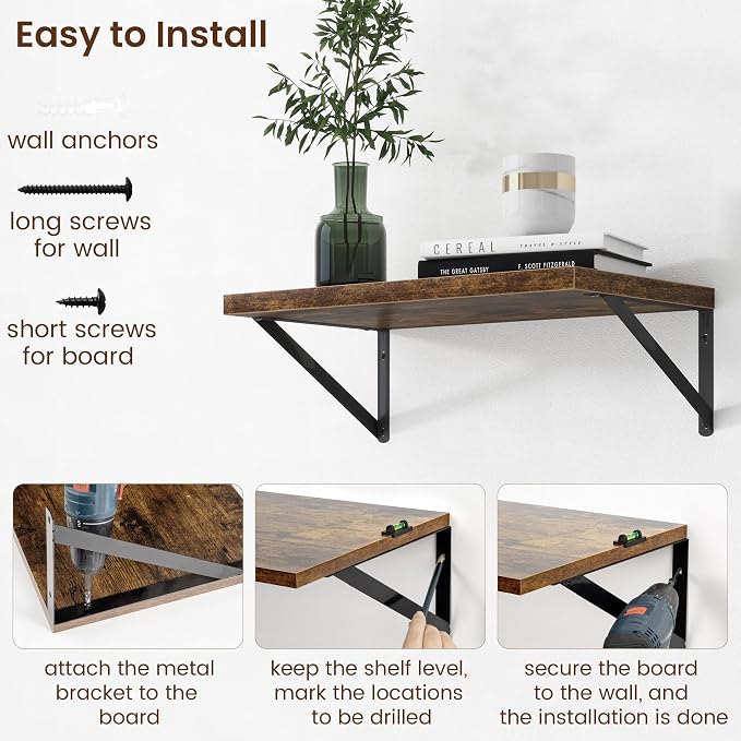 Axeman Deep Floating Shelves - 20 Inch Floating Shelves Set of 2-12 Inch Deep Brown Wood Wall Shelves for Living Room Bathroom Kitchen