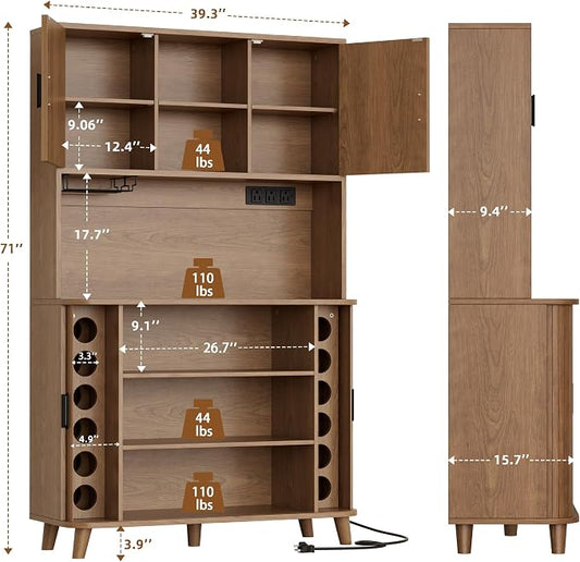 Lulive 71" Tall Pantry Cabinet with Rolling & Sliding Doors, 39" Wide Kitchen Storage Cabinet with Charging Station and Open Countertop, Modern Kitchen Pantry Cabinet for Dining Room, Walnut