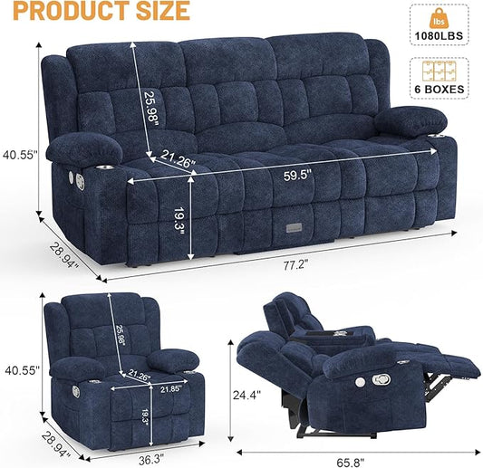 Dresegmt Loveseat Recliner Sofa Set, Flip Middle Backrest Design 3 Seater Reclining Sofa and Single Oversized Recliner Chair, Manual Couches for Living Room/RV (Blue, 3+1)