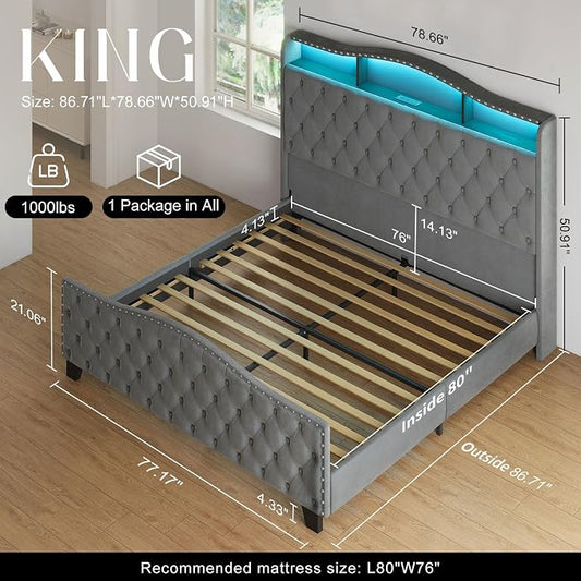 Belffin King Size Bed Frame and Headboard, 50.9" Velvet Upholstered Wingback Bedframe with LED Lights & Storage/Charging Station, Button Tufted Tall Footboard, No Box Spring Needed, Noise-Free, Grey