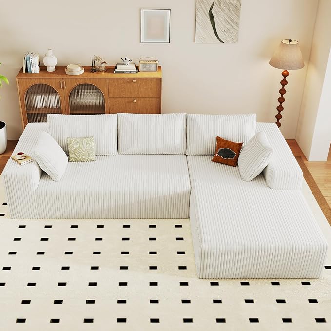96" Modular Sectional Sofa, Modern Corduroy Cloud Couch with Deep Seat, Boneless Couch Upholstered 3-Seater L-Shaped Sofa for Living Room, No Assembly Required (White, Right-Facing Chaise)