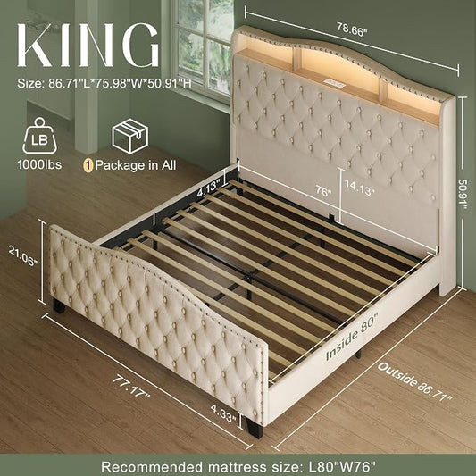 Belffin King Size Bed Frame and Headboard, 50.9" Velvet Upholstered Wingback Bedframe with LED Lights & Storage/Charging Station, Button Tufted Tall Footboard, No Box Spring Needed, Noise-Free, Beige