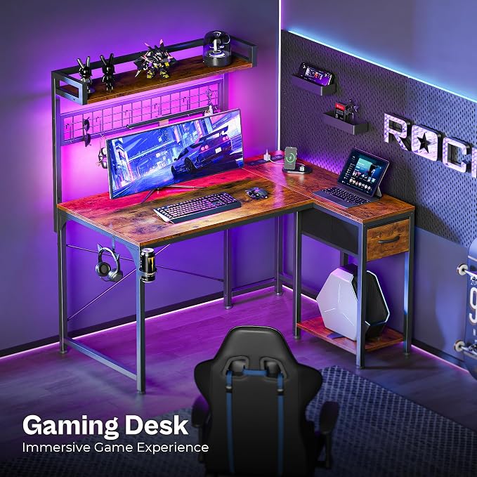 PRAISUN L Shaped Gaming Desk with Shelves, Corner Computer Table with LED Lights, Power Outlets and USB-C Ports, 42 Inch Reversible Home Office Desk with Storage Drawer, Work and Study, Rustic Brown