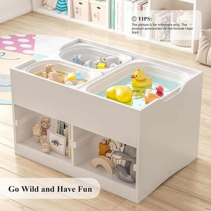 Easyego Kid Sensory Table with Storage - Activity Table with Building Block Boards & Foldable Storage Bins, Birthday Gifts for Boys and Girls - White