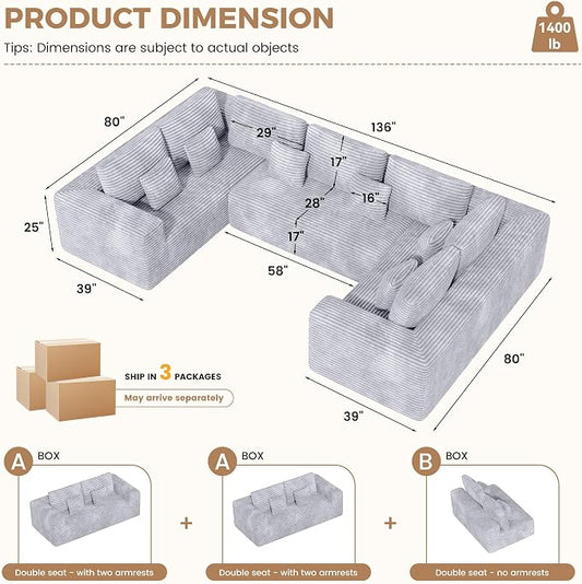 Luxanimarion 136'' Large Sectional Cloud Couches with Chaise, U Shaped Boneless Loveseat Sofa, No Assembly Required Deep Seat Modular Lounge for Living Room 3PCS Set, Bedroom(Light Grey)