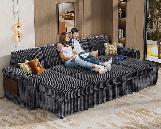 Vipbear 108" Modular Sectional Sleeper Sofa with Pull Out Bed, 4 Seat Plush Corduroy U Shaped Couch with USB Ports|Cup Holders|Side Table|Storage Chaise Armrests, Tool Free Assembly, Grey