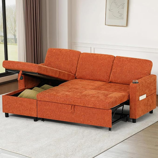 84 Inch Sleeper Sofa Bed w/7 Angles Adjustable Backrests, Chenille sectional Sofa Bed w/USB Port, Convertible L-Shaped Couch Bed w/Storage Chaise & Thicker Cushions for Living Room, Orange