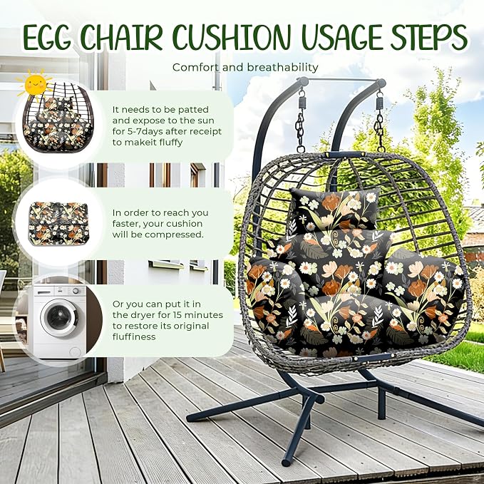 Waterproof Egg Chair Cushion Replacement 47x31.5x4.7 inch Thicken Hanging Egg Swing Chair Cushion Indoor Outdoor Wicker Rattan Hammock Basket Cushion with Headrest Pillow, Black Peony