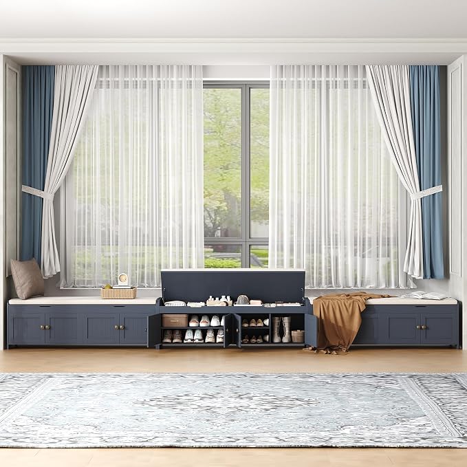 HOMEFORT 54.4" Shoe Bench with Lift Top Storage, Entryway Bench with Cushioned Seat, Wooden End of Bed Bench, Shoe Cabinet Bench with Hidden Storage Space, for Bedroom, Hallway,Blue