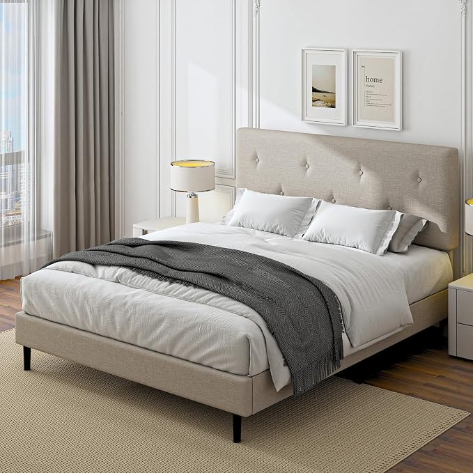 Full Size Linen Bed Frame, Upholstered Platform Bed Frame with Adjustable Headboard, Wooden Slats Support, No Box Spring Needed, Easy Assembly, Beige