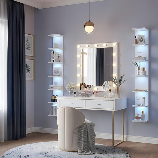 VIWODS 7 Tier Wall Shelf with Lights, White Lack Wall Shelf, Display Floating Shelves with Remote Control for Home Decor Bedroom Vanity