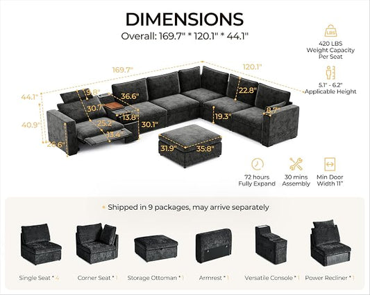 169.7" Oversized Modular Power Recliner Sofa with Headrest, Wall Hugger Cloud Reclining Couch, Drawer Charging Cup Holders, Deep 7-Seater Sectional with Corner and Storage Ottoman, Chenille, Black