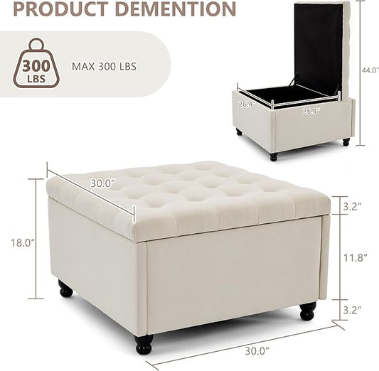 Weture 30 Inch Large Square Storage Ottoman Coffee Table, Oversized Square Ottoman with Storage, Tufted Upholstered Coffee Tables for Living Room (Fabric, Beige)