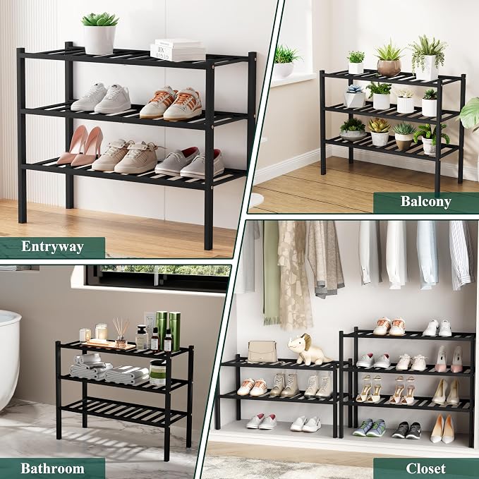 Smiry Bamboo Shoe Rack, 4 Tier Free Standing Wooden Shoe Organizer, Stackable Wood Shoe Storage Shelf for Closet, Entryway, 12 Vertical Slats, 2+2 Stack Standard Legs, 26.8"x11"x26", Black