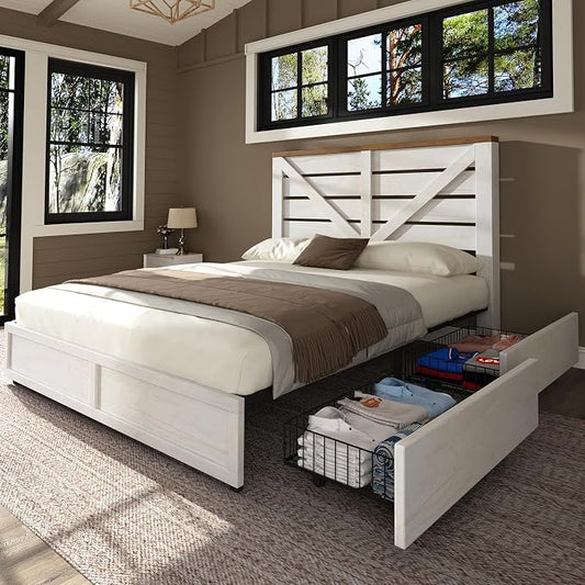 AMERLIFE 3 Piece Bedroom Set Including Farmhouse King Size Bed Frame with 4 Drawers, Nightstands Set of 2 with Charging Station for Bedroom, White