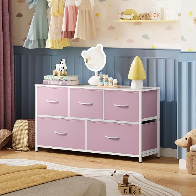 WLIVE Dresser for Bedroom with 5 Drawers, Wide Chest of Drawers, Fabric Dresser, Storage Organizer Unit with Fabric Bins for Closet, Living Room, Hallway,A-Pink