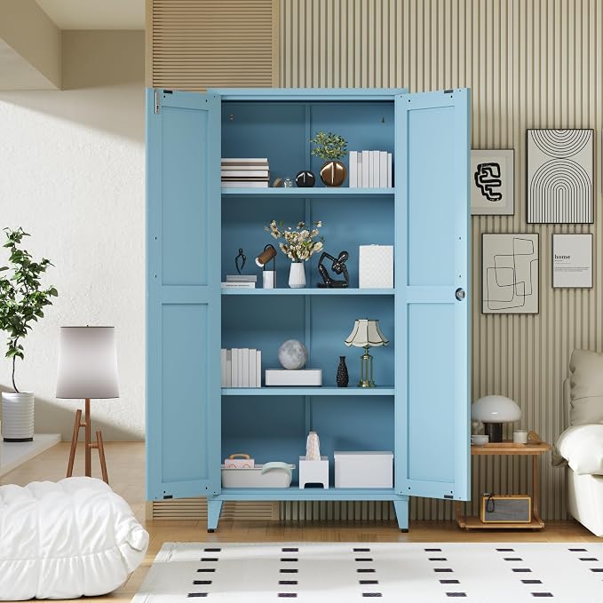 61" Tall Farmhouse Metal Storage Cabinet, Kitchen Pantry Storage Cabinets with 2 Barn Door and 3 Adjustable Shelves, for Home, Office, Kitchen, Laundry Room, Kids Room, Entryway, Blue