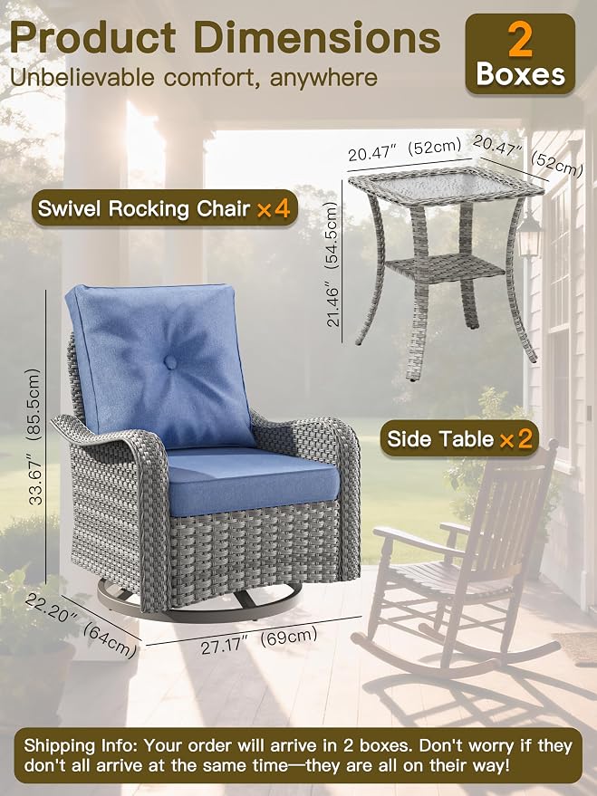 6-Piece Patio Furniture Set, Outdoor Swivel Rocking Chairs with 4" Thick Cushions & Side Table, All-Weather PE Rattan & Rust-Resistant Steel Frame Conversation Set for Porch, Garden, Backyard, Blue