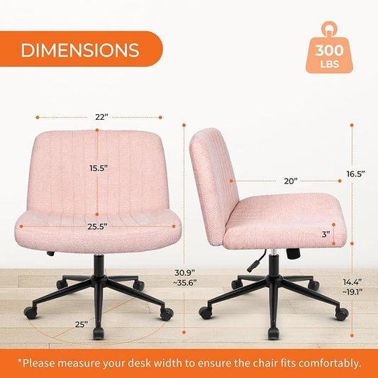 Orange Factory Criss Cross Chair Wheels Wide Cross Legged Office Desk Vanity Dual Base Comfy Fabric Armless Adjustable Swivel for Home Computer Task (Pink Dual Base, Fabric)