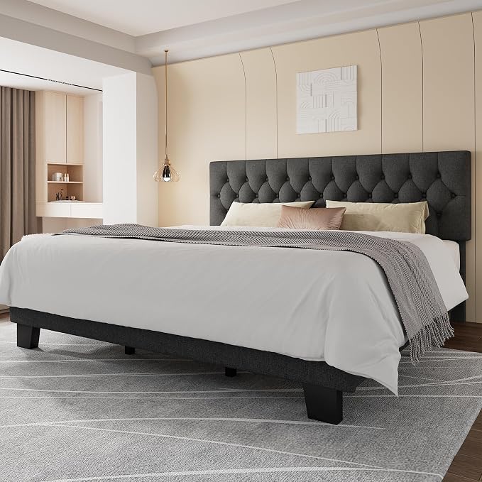 Feonase King Size Bed Frame, Upholstered Bed Platform with Button Tufted Headboard, Heavy Duty Wooden Slats & Thickened Feet, No Box Spring Needed, Noise-Free, Easy Assembly, Dark Grey