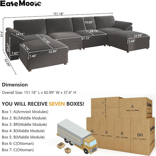EASE MOOSE U Shape Sectional Couch with Ottoman,Modern Comfort Modular Sectional Sofa,Oversized,Wide Deep Modular Cloud Couch,Removable Cover