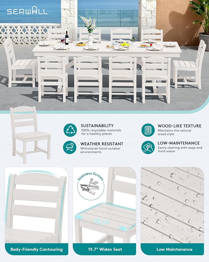 SERWALL 10 Piece 84" HDPE Outdoor Dining Set for 8 with 6 Armless Chair, 2 Armchairs and Umbrella, White