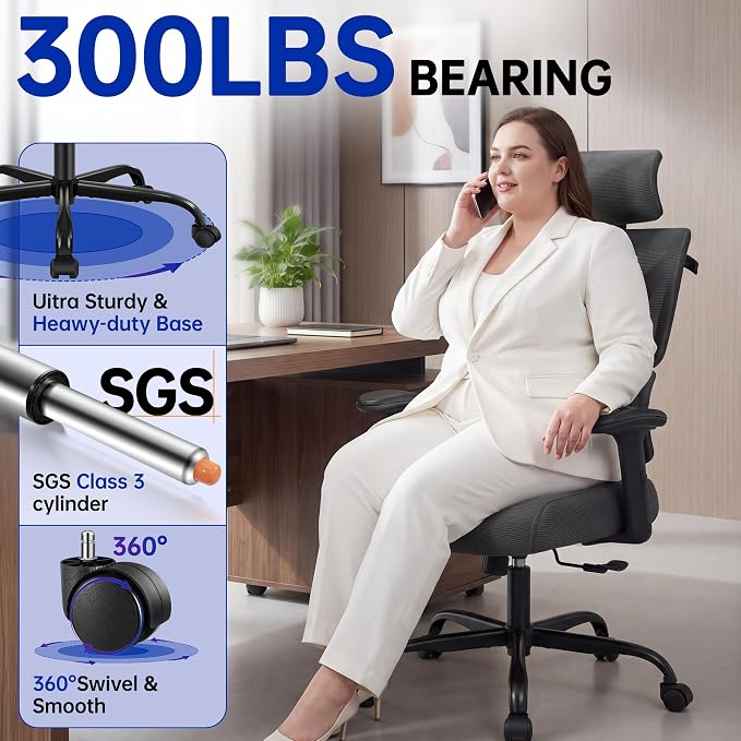 Ergonomic Office Chair, High Back Mesh Computer Chair with Comfortable Adaptive Lumbar Support, Built-in Coat Hanger, SGS Class 4 Gas Lift, Heavy Duty 300lbs for Long Hours Home Office