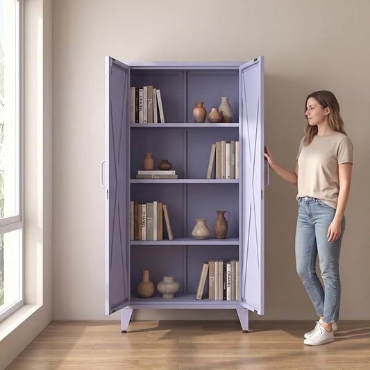 Purple Metal Pantry Cabinet with Lock,Freestanding Steel Storage Locker with 3 Adjustable Shelves,Heavy Duty Metal Storage Cabinet for Kitchen, Living Room,Laundry,Garage 61" H X 27.6" W X 13.8" D