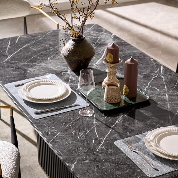 Morden Fort Modern Dining Table for 6, 70" Faux Marble Dining Table with Black Fluted Base and Grey Rectangle Top for Ktichen, Reception and Conference