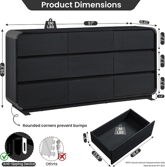 Standifurno Dresser for Bedroom, Modern Cuved Dresser with 9 Drawers,Black Dresser with Handleless Design, Closet Storage Dresser, 15.43" D x 57" W x 28.3" H (9 Drawers)