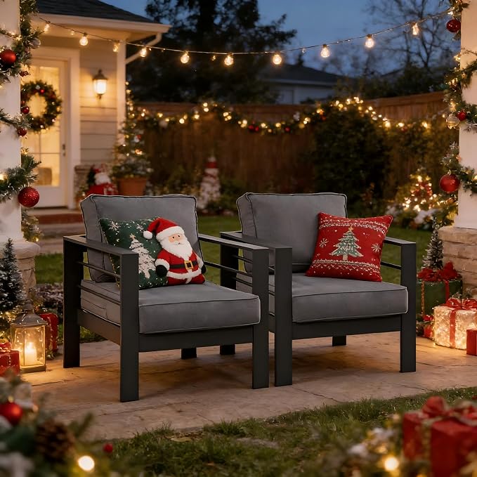 Kiss the Water 2 PCS Aluminum Outdoor Patio Sofa Set, All Weather Rust-Proof Metal Patio Couch, Modern Outdoor Furniture for Backyard Porch Garden, 5" Thick Waterproof Olefin Cushions, Light Grey