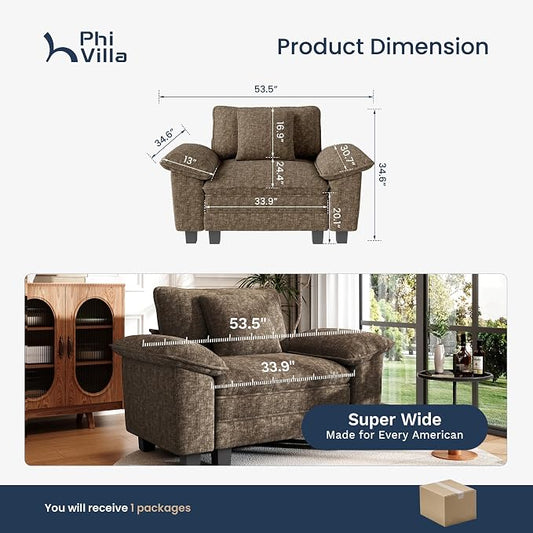 PHI VILLA Oversized Single Sofa with Deep Seat, Armchair for Small Spaces Bedroom Reading Modern, 1 Seater Comfy Reading Accent Chair, Chenille Grayish Brown
